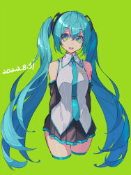  1girl arms_behind_back blue_eyes blue_hair commentary_request cropped_legs dated facing_viewer green_background hair_between_eyes hatsune_miku highres long_hair looking_at_viewer miyatoshinya necktie open_mouth simple_background skirt smile solo tattoo teeth twintails upper_teeth_only vocaloid 