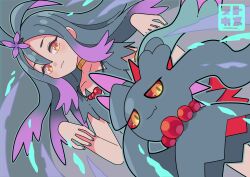  1girl acerola_(pokemon) closed_mouth commentary_request creature_and_personification creatures_(company) dress flutter_mane game_freak grey_background highres jewelry long_hair looking_at_viewer looking_down nail_polish neck_ring necklace nintendo outline personification pokemon pokemon_(creature) pokemon_sm red_eyes short_sleeves sidelocks smile sutokame torn_clothes torn_dress 
