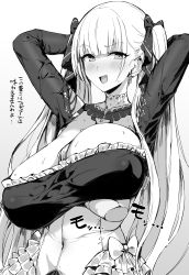  1boy 1girl :d absurdres arms_behind_back arms_behind_head azur_lane blush grabbing_another&#039;s_breast breast_lift breasts cleavage commentary_request covered_erect_nipples covered_navel cross cross_earrings ear_piercing earrings formidable_(azur_lane) grabbing greyscale hair_between_eyes hair_ornament hetero highres hotate-chan huge_breasts jewelry large_breasts long_hair looking_at_viewer monochrome necktie open_mouth piercing raised_eyebrow ribbon ribbon_between_breasts smile sweat sweatdrop translated twintails two-tone_dress two-tone_ribbon upper_body  rating:Questionable score:79 user:danbooru