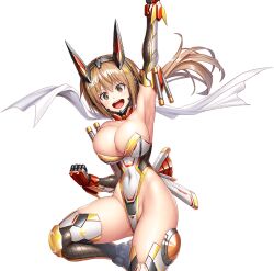  1girl armor armored_boots armored_gloves asahi bodysuit boobplate boots breastplate breasts brown_eyes brown_hair clenched_hands covered_navel curvy gloves hand_up highleg highleg_leotard jumping large_breasts leotard lilith-soft long_hair looking_at_viewer low_ponytail official_art open_mouth ponytail revealing_clothes scarf sentai shiny_clothes shiny_skin smile solo taimanin_(series) taimanin_rpgx thong_leotard transparent_background utashima_mugi white_scarf wide_hips 