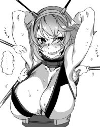  10s 1girl armpits bad_id bad_twitter_id bare_shoulders breasts hohehohe kantai_collection large_breasts monochrome mutsu_(kancolle) simple_background tagme tickling  rating:Sensitive score:26 user:honira