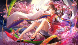  1girl ascot bare_legs bow brown_eyes brown_hair cherry_blossoms clog_sandals detached_sleeves dress fish flying_fish frilled_dress frills full_body full_moon fuzichoco goldfish hair_bow hair_tubes hakurei_reimu hand_to_own_mouth in_tree light_smile long_hair looking_at_viewer moon night no_panties no_socks nontraditional_miko okobo petals red_dress ribbon_trim sandals sitting sitting_in_tree sleeves_past_wrists solo toes touhou tree wide_sleeves  rating:Sensitive score:14 user:danbooru