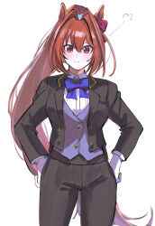  1girl absurdres animal_ears black_jacket black_pants blue_vest bojue_(hakus_1128) bow bowtie breasts brown_hair closed_mouth collared_shirt cowboy_shot daiwa_scarlet_(umamusume) formal gloves hair_intakes hands_on_own_hips highres horse_ears horse_girl horse_tail jacket leaning_forward long_hair long_sleeves medium_breasts open_clothes open_jacket pant_suit pants ponytail puff_of_air red_eyes shirt simple_background small_breasts solo standing suit tail umamusume v-shaped_eyebrows vest white_background white_gloves white_shirt 