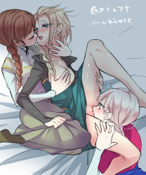 3girls anna_(frozen) blonde_hair blue_eyes blush braid grabbing_another&#039;s_breast breasts brown_hair cunnilingus dress dual_persona elsa_(frozen) closed_eyes fff_threesome frozen_(disney) grabbing groping group_sex highres incest kokuchuutei legs long_hair multiple_girls open_mouth oral pussy saliva saliva_trail selfcest shimaidon_(sex) siblings single_braid sisters tears threesome tongue tongue_out yuri rating:Explicit score:215 user:danbooru