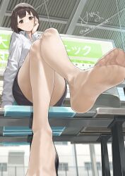  1girl absurdres crossed_legs feet hand_on_own_cheek hand_on_own_face highres light_blush looking_at_viewer mbr90munouk medium_hair office_lady pantyhose sitting soles toes train_station  rating:Sensitive score:23 user:ssfl