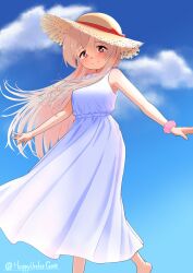  1girl absurdres alternate_costume artist_name bare_arms bare_shoulders barefoot blue_sky bow brown_eyes cloud commentary_request day dress feet_out_of_frame happyundergate hat hat_bow highres light_blush long_hair looking_at_viewer onii-chan_wa_oshimai! outdoors outstretched_arms oyama_mahiro pink_hair pink_scrunchie red_bow scrunchie sky sleeveless sleeveless_dress smile solo spread_arms straw_hat sundress twitter_username white_dress wrist_scrunchie 