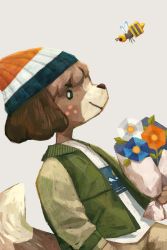  absurdres animal_crossing beanie bee bouquet bug digby_(animal_crossing) dog flower grey_background hat highres insect jacket looking_at_viewer looking_sideways nintendo omochi_freedom simple_background 