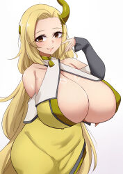  1girl bell blonde_hair breasts brown_eyes detached_sleeves dress highres horns huge_breasts kishar_(tonsuki) long_hair looking_at_viewer mistynight mole mole_under_eye side_slit simple_background single_horn smile tondemo_skill_de_isekai_hourou_meshi white_background yellow_dress 