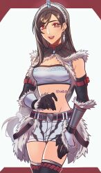  1girl absurdres black_gloves black_hair breasts cleavage cowboy_shot earrings final_fantasy final_fantasy_vii final_fantasy_vii_ever_crisis fur_trim gloves hair_between_eyes hashtag-only_commentary highres horns jewelry kirin_(armor) long_hair looking_at_viewer low-tied_long_hair midriff miniskirt monster_hunter_(series) navel official_alternate_costume open_mouth pelt red_eyes seilidare single_earring single_horn skirt smile solo stomach strapless swept_bangs thighhighs tifa_lockhart tube_top 