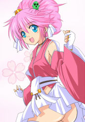  1girl ass blue_eyes breasts detached_sleeves fingerless_gloves gloves hakama hakama_skirt hip_vent japanese_clothes kurenasm looking_at_viewer medium_breasts open_mouth partially_fingerless_gloves pink_hair rance_(series) sideboob sill_plain skirt smile solo 