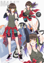1girl air_jordan air_jordan_7 alternate_costume aqua_skirt armband armpits arms_up bag ball bare_shoulders basketball basketball_uniform bike_shorts black_bra black_shorts blush bra breasts brown_eyes brown_hair camouflage_tank_top character_name closed_mouth clothes_around_waist clothes_lift clothes_pull collarbone commentary cross-laced_footwear duffel_bag fashion floating_hair girls&#039;_frontline gloves green_hair hair_between_eyes half-closed_eyes hand_in_pocket headphones highres holding holding_ball holding_strap jacket ladic long_hair long_sleeves looking_away m4a1_(girls&#039;_frontline) miniskirt multicolored_hair multiple_views nike_(company) no_socks open_mouth photoshop_(medium) plaid plaid_shirt product_placement purple_hair running shirt shirt_around_waist shirt_lift shoes shorts side_ponytail sidelocks simple_background single_glove skirt small_breasts sneakers sony sportswear strap streaked_hair sweat sweatdrop tank_top thighs under_armour underwear walkman white_background wristband