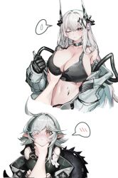 2girls ahoge arknights arm_focus bare_shoulders black_choker black_tank_top breasts choker cleavage crocodilian_tail crop_top demon_horns grabbing grabbing_another&#039;s_breast grey_hair highres horns infection_monitor_(arknights) jumpsuit large_breasts large_tail long_hair looking_at_viewer material_growth meme midriff mudrock_(arknights) multiple_girls navel ness_(pjw0168) off_shoulder open_clothes open_jumpsuit oripathy_lesion_(arknights) pinching pointy_ears pov pov_cheek_grabbing_(meme) pov_hands simple_background speech_bubble spoken_blush spoken_sweatdrop squeezing_cheeks sweatdrop tail tank_top tomimi_(arknights) white_background white_hair white_jumpsuit yellow_eyes 