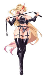 1girl abs absurdres bdsm black_panties black_thighhighs blonde_hair bondage_outfit breasts commentary_request detached_sleeves dominatrix fugaku_(miko_no_miyatsuguchi) full_body garter_straps halterneck highres holding holding_whip horns hoshiguma_yuugi large_breasts latex latex_thighhighs leather_panties long_hair looking_at_viewer navel oni oni_horns panties pointy_ears ponytail red_horns single_horn smile star_(symbol) thighhighs touhou underwear very_long_hair whip white_background rating:Sensitive score:49 user:danbooru