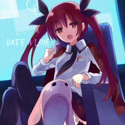 &gt;:o 10s 1girl :o annoyed bad_id bad_twitter_id candy copyright_name date_a_live food itsuka_kotori lollipop long_hair mishima_kurone necktie open_mouth red_eyes red_hair school_uniform solo thighhighs twintails v-shaped_eyebrows rating:Sensitive score:9 user:danbooru