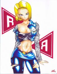  1girl absurdres android_18 blonde_hair breasts cleavage dragon_ball dragon_ball_super dragonball_z highres large_breasts panties solo tearing_clothes torn_clothes underwear watermark  rating:Questionable score:17 user:Analgirl