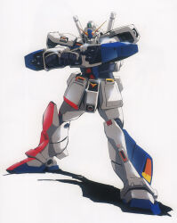  1980s_(style) aiming arm_cannon artist_request dual_arm_cannons gatling_gun glint gundam gundam_0080 gundam_alex highres key_visual mecha mobile_suit no_humans official_art oldschool production_art promotional_art retro_artstyle robot scan science_fiction shadow v-fin vernier_thrusters weapon white_background 