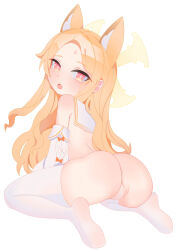  1girl absurdres ass ass_focus back blonde_hair blue_archive blush bow flat_chest forehead halo highres long_hair long_sleeves orange_bow pink_eyes seia_(blue_archive) simple_background skindentation sweatdrop thighhighs underwear white_background white_bow yellow_halo  rating:Questionable score:25 user:lighthray