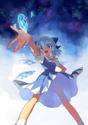  1girl blue_dress blue_eyes blue_hair bow censored cirno convenient_censoring dress foreshortening hair_bow hand_on_own_hip ice_block kushabiria matching_hair/eyes night open_mouth outstretched_hand shirt short_hair sky smile solo spread_legs star_(sky) steam steam_censor touhou upskirt wind wind_lift wings  rating:Sensitive score:5 user:danbooru