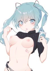 1girl ^^^ bad_id bad_pixiv_id belt blue_eyes blue_hair blue_nails bottomless breasts breasts_out candy cellphone commentary_request crop_top earphones food giryu hatsune_miku holding holding_phone lollipop long_hair medium_breasts nail_polish navel nipples number_tattoo out-of-frame_censoring parted_lips phone short_sleeves simple_background smartphone solo stomach tattoo twintails upper_body vocaloid white_background rating:Questionable score:42 user:danbooru