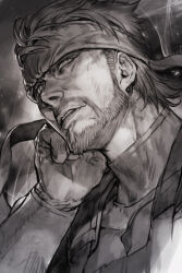 1boy bandana beard close-up facial_hair from_below hand_on_own_ear hungry_clicker looking_ahead metal_gear_(series) monochrome short_hair solid_snake solo 