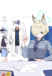  1boy 2girls ? animal_ears black_shirt blonde_hair blue_archive blue_eyes blue_halo blue_hat blue_necktie blue_shirt blue_skirt book breasts chair coat collared_shirt cup dog_ears doodle_sensei_(blue_archive) extra_ears faceless gloves hair_over_one_eye halo hand_on_own_stomach hat highres holding holding_cup holding_ruler kanna_(blue_archive) large_breasts light_blush lonklink loose_necktie measuring mug multiple_girls necktie pants pen_spinning penis_measuring police police_uniform ruler sensei_(blue_archive) shirt short_hair sitting skirt speech_bubble sweatdrop table uniform valkyrie_police_academy_student_(blue_archive) vest white_coat white_gloves white_hair white_hat white_pants white_shirt 