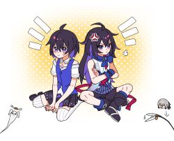  2girls :d ^_^ anger_vein arrow_(symbol) bare_shoulders black_footwear black_hair black_shorts blue_socks blue_vest boots bronya_zaychik cat_teaser closed_eyes closed_mouth crossed_arms drill_hair giving_up_the_ghost gradient_background hair_between_eyes halo highres honkai:_star_rail honkai_(series) honkai_impact_3rd long_hair miyou_myu multicolored_hair multiple_girls notice_lines off-shoulder_shirt off_shoulder open_mouth polka_dot polka_dot_background purple_eyes purple_hair seele_(honkai:_star_rail) seele_vollerei seele_vollerei_(swallowtail_phantasm) shirt shoes short_sleeves shorts sitting smile socks striped_clothes striped_thighhighs tears thighhighs twin_drills two-tone_hair v-shaped_eyebrows vertical-striped_clothes vertical-striped_thighhighs very_long_hair vest wariza white_background white_shirt white_thighhighs yellow_background 