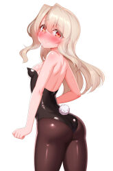  1girl ass bare_shoulders black_leotard blush breasts detached_collar fake_tail fate/kaleid_liner_prisma_illya fate_(series) highres illyasviel_von_einzbern leotard long_hair looking_at_viewer looking_back pantyhose rabbit_tail red_eyes small_breasts smile solo tail thighs white_hair zirba 