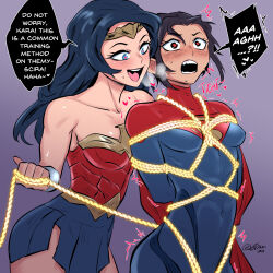  2girls abs armlet arms_behind_back artist_name bare_shoulders bdsm black_hair blue_bodysuit blue_eyes blush bodysuit bondage bound breasts cape circlet collarbone commentary dc_comics dc_extended_universe english_commentary english_text eyelashes femdom heart heart-shaped_pupils highres impossible_bodysuit impossible_clothes lasso_of_truth long_hair medium_breasts motion_lines multiple_girls muscular muscular_female open_mouth rope shibari short_hair signature skin_tight skirt speech_bubble supergirl superman_(series) symbol-shaped_pupils sytokun teeth the_flash_(2023) trembling turtleneck turtleneck_bodysuit twitching wonder_woman wonder_woman_(series) yuri  rating:Questionable score:140 user:danbooru