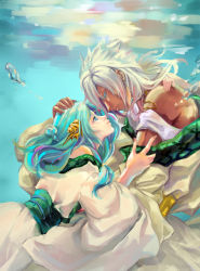 1boy 1girl blanche-snow blue_eyes blue_hair bubble conch dark_skin eye_contact gradient_background green_eyes hair_ornament highres looking_at_another magi_the_labyrinth_of_magic robe sharrkan underwater white_hair yamuraiha rating:Sensitive score:1 user:danbooru