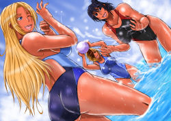 3girls ass ball blonde_hair breasts competition_swimsuit hair_over_one_eye large_breasts multiple_girls ocean one-piece_swimsuit papepox2 ponytail smile swimsuit rating:Questionable score:8 user:spiderfan