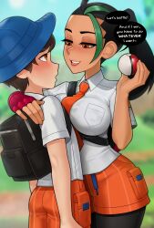  1boy 1girl arm_around_shoulder assertive_female backpack bag blush breasts creatures_(company) english_text florian_(pokemon) game_freak gloves highres large_breasts loodncrood looking_at_another multicolored_hair naranja_academy_school_uniform necktie nemona_(pokemon) nintendo open_mouth orange_shorts pantyhose pantyhose_under_shorts poke_ball poke_ball_(basic) pokemon pokemon_sv school_uniform sexually_suggestive shorts single_glove smile speech_bubble streaked_hair  rating:Sensitive score:338 user:danbooru
