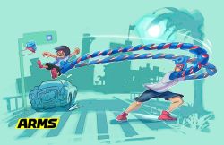  2boys aqua_background arms_(game) blue_hair car copyright_name domino_mask drill_hair highres long_arms male_focus mask monochrome_background motor_vehicle multiple_boys nintendo official_art pompadour road shorts simple_background spring_man_(arms) street sweat tree yamamoto_yuu  rating:Sensitive score:2 user:danbooru