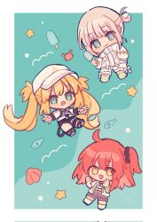  1boy 2girls :d ahoge artoria_caster_(fate) artoria_caster_(swimsuit)_(fate) artoria_caster_(swimsuit)_(first_ascension)_(fate) artoria_pendragon_(fate) baseball_cap black_scrunchie blonde_hair blue_eyes blush border bracelet chibi closed_mouth command_spell commentary crab fate/grand_order fate_(series) fish food fujimaru_ritsuka_(female) full_body green_eyes grey_hair grey_shorts hair_between_eyes hair_bun hair_ornament hair_scrunchie hand_in_pocket hand_up hands_up hat highres holding holding_food holding_popsicle jacket jewelry koromo_(osakana0525) long_hair long_sleeves looking_at_viewer medium_hair multiple_girls oberon_(fate) oberon_(refreshing_summer_prince)_(fate) official_alternate_costume one_side_up open_clothes open_jacket open_mouth orange_hair outside_border outstretched_arms popsicle scrunchie seashell shell shirt short_hair shorts single_hair_bun smile star_(symbol) symbol-only_commentary twintails water white_border white_jacket white_shirt white_shorts yellow_eyes 