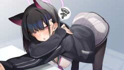  1girl absurdres animal_ears bent_over black_hair black_jacket black_pantyhose blue_archive blush breasts cat_ears cleavage covered_erect_nipples extra_ears feet_out_of_frame halo highres hood hooded_jacket jacket kazusa_(blue_archive) long_hair long_sleeves looking_at_viewer medium_breasts paid_reward_available pantyhose partner_(kprtnr) pink_eyes shirt short_hair skirt solo spoken_squiggle squiggle standing sweatdrop table white_shirt white_skirt 