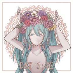  1girl aqua_eyes aqua_hair arms_up breasts camellia collarbone convenient_censoring elluka_ma evillious_nendaiki expressionless flower flower_wreath hair_between_eyes hair_censor hands_up hatsune_miku head_wreath heterochromia highres hydrangea looking_at_viewer messy_hair mikulia_calgaround nude pink_eyes pink_flower pink_rose plateau_no_hana_(vocaloid) purple_flower purple_rose rose serious skinny small_breasts solo twintails vocaloid 