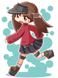  1girl :d black_skirt blue_background brown_eyes brown_hair chibi commentary_request from_side full_body hair_between_eyes jacket kantai_collection long_hair naga_u open_mouth outline platform_footwear pleated_skirt red_jacket running ryuujou_(kancolle) skirt sleeves_past_wrists smile socks solo twintails two-tone_background visor_cap white_background white_outline white_socks 