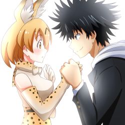 10s 1boy 1girl absurdres animal_ears animal_print black_eyes black_hair blush bow bowtie breasts clenched_hand closed_eyes commentary_request crossover crying elbow_gloves from_side gakuran gloves hand_grab hand_on_own_chest highres hood hoodie kamijou_touma kemono_friends long_sleeves looking_at_another medium_breasts orange_eyes orange_hair profile saibara_(flash-dyna-1994) school_uniform serval_(kemono_friends) serval_print smile spiked_hair tears toaru_majutsu_no_index upper_body white_background rating:Sensitive score:4 user:danbooru