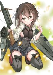  10s 1girl bike_shorts blush bow_(weapon) breasts brown_eyes brown_hair crossbow etonato flat_chest gradient_background headband headgear kantai_collection looking_at_viewer maji_(etonato) open_mouth pleated_skirt short_hair skirt small_breasts solo taihou_(kancolle) thighhighs weapon 