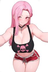  1girl absurdres alternate_costume black_tank_top bluefield breasts cleavage closed_mouth collarbone dolphin_shorts highres hololive hololive_english large_breasts leaning_forward long_hair looking_at_viewer mori_calliope navel pink_eyes pink_hair print_tank_top red_shorts short_shorts shorts simple_background skull_and_crossbones smile solo tank_top two-tone_background virtual_youtuber 