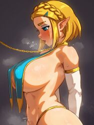 1girl alternate_breast_size alternate_eye_color bare_shoulders blonde_hair blue_eyes blush braid breast_curtains breasts chain chain_leash covered_erect_nipples curvy eyeshadow from_side glooz_art hair_ornament hairclip half-closed_eyes heart heavy_breathing highres huge_breasts jewelry large_breasts leash makeup navel nintendo nose_blush official_alternate_hair_length official_alternate_hairstyle open_mouth parted_bangs pointy_ears princess_zelda purple_eyeshadow short_hair sidelocks solo standing sweat teeth the_legend_of_zelda the_legend_of_zelda:_tears_of_the_kingdom tongue trembling upper_teeth_only  rating:Questionable score:234 user:danbooru