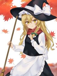 1girl apron autumn_leaves blonde_hair blush bow braid broom closed_mouth commentary_request falling_leaves green_bow hair_bow hair_tubes hat hat_bow holding holding_broom kirisame_marisa leaf long_hair long_sleeves looking_at_viewer maple_leaf raki_(for03ge) red_scarf scarf side_braid single_braid smile solo touhou waist_apron white_apron white_bow witch_hat yellow_eyes 