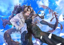  1boy 1other absurdres ambiguous_gender arknights arm_around_neck bird black_gloves black_hair black_pants black_shirt blue_background blue_coat blue_sky bright_pupils brown_hair carrying chong_yue_(alighting)_(arknights) chong_yue_(arknights) cloud cloudy_sky coat collared_jacket commentary_request doctor_(arknights) dragon_boy dragon_horns dragon_tail earrings fangs feet_out_of_frame from_below full_body gloves hand_on_own_head hands_up highres hood hood_up hooded_coat horns jacket jewelry korean_commentary lens_flare long_hair long_sleeves looking_at_viewer low_ponytail mask multicolored_hair necklace one_eye_closed open_clothes open_jacket open_mouth outdoors pants perspective piggyback pointy_ears red_eyes ribbon shirt simple_bird sky slit_pupils standing streaked_hair tail tail_ornament tail_ribbon very_long_tail walhee221 walking white_jacket white_pupils 