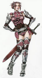  1girl arm_guards armor boots brown_eyes brown_hair contrapposto female_focus full_body gauntlets hand_on_own_hip highres knee_pads looking_at_viewer lwyn official_art scabbard sheath shoulder_pads smile solo standing sword thigh_boots thighhighs valkyrie_profile_(series) valkyrie_profile_2:_silmeria weapon white_background yoshinari_kou yoshinari_you  rating:Sensitive score:13 user:walcurayfort