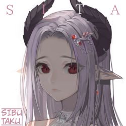  1girl bad_id bad_pixiv_id bare_shoulders blush closed_mouth earrings hair_ornament highres horns hwayoung jewelry long_hair original pointy_ears portrait purple_hair red_eyes solo upper_body 