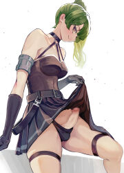 1futa arm_support armlet bare_shoulders black_choker black_gloves black_panties breasts bulge censored chest_harness choker closed_mouth clothes_lift commentary_request covered_testicles dress dress_lift elbow_gloves erection erection_under_clothes from_side futanari gloves green_hair halterneck harness highres impossible_clothes impossible_dress looking_at_viewer medium_breasts medium_hair mosaic_censoring orange_eyes panties penis shiratama_(monster1553) side_ponytail sideways_glance sitting skindentation smile solo sousou_no_frieren testicles thigh_strap ubel_(sousou_no_frieren) underwear white_background rating:Explicit score:75 user:danbooru