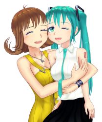  2girls aqua_eyes aqua_hair breasts cleavage crossover final_fantasy final_fantasy_viii hatsune_miku highres hug koba_(furikake-p) long_hair looking_at_viewer multiple_girls open_mouth selphie_tilmitt simple_background smile twintails very_long_hair vocaloid white_background 