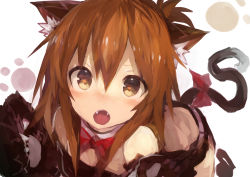 1girl absurdres animal_ears blush brown_eyes brown_hair cat_ears cat_girl cat_tail detached_collar fangs folded_ponytail highres inazuma_(kancolle) kaamin_(mariarose753) kantai_collection long_hair looking_at_viewer open_mouth paw_print simple_background solo tail white_background rating:Sensitive score:15 user:danbooru