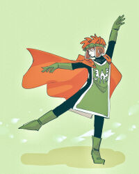  1boy absurdres arm_up black_bodysuit bodysuit cape closed_eyes closed_mouth collarbone commentary_request dancing dragon_quest dragon_quest_ii facing_to_the_side floating_cape full_body gloves goggles goggles_on_headwear green_footwear green_gloves green_tabard highres male_focus nogo_(nogo_059) orange_cape orange_hair outstretched_arms prince_of_samantoria solo spiked_hair standing standing_on_one_leg tabard turtleneck 
