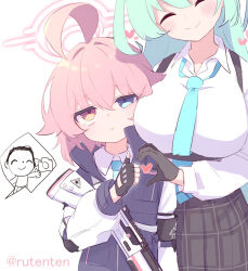  2girls :t ^_^ ahoge aqua_necktie armband doodle_sensei_(blue_archive) beretta_1301 black_armband black_gloves black_skirt blue_archive blush breast_rest breasts breasts_on_head bulletproof_vest chest_harness closed_eyes expressionless fingerless_gloves gloves green_hair gun hair_intakes halo harness heart heart_hands_failure height_difference heterochromia highres hoshino_(blue_archive) hoshino_(young)_(blue_archive) huge_ahoge large_breasts looking_at_viewer multiple_girls necktie pink_hair plaid plaid_skirt pleated_skirt ruten_(onakasukusuku) sensei_(blue_archive) shirt shotgun simple_background skirt smile spoken_expression thumbs_up twitter_username weapon white_background white_shirt yume_(blue_archive)  rating:Sensitive score:19 user:danbooru