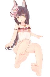  1girl animal_ear_fluff animal_ears azur_lane barefoot bikini blush breasts brown_hair camisole chaosexceed cherry_blossoms dot_nose feet female_focus foot_focus foreshortening fox_ears fox_girl fox_mask full_body highres jewelry legs loli long_hair looking_at_viewer mask mask_on_head midriff nagato_(azur_lane) nagato_(great_fox&#039;s_respite)_(azur_lane) navel no_shoes open_mouth see-through simple_background sitting small_breasts soles solo strap_slip swimsuit toes underboob underwear underwear_only white_background yellow_eyes  rating:Sensitive score:52 user:MagicGary
